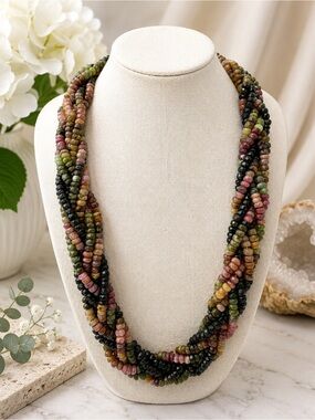 NWT 1093 Ct Watermelon Tourmaline 6 Strand Braided Necklace 22-24”199g Boho Vibe